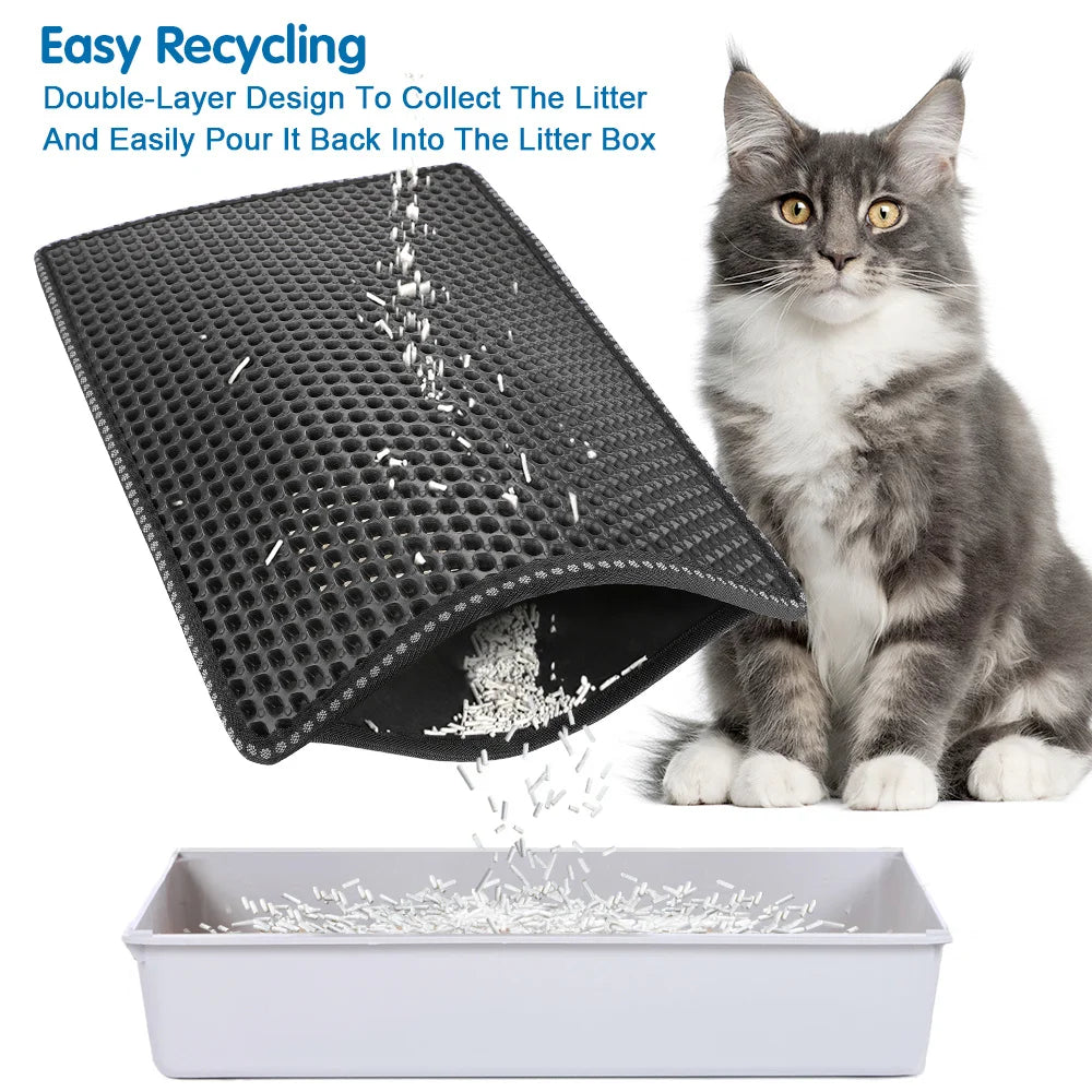Cat Litter Mat Double Layer Waterproof Easy Clean Scatter Control Scratching Design 21 Inch x 14 Inch Black
