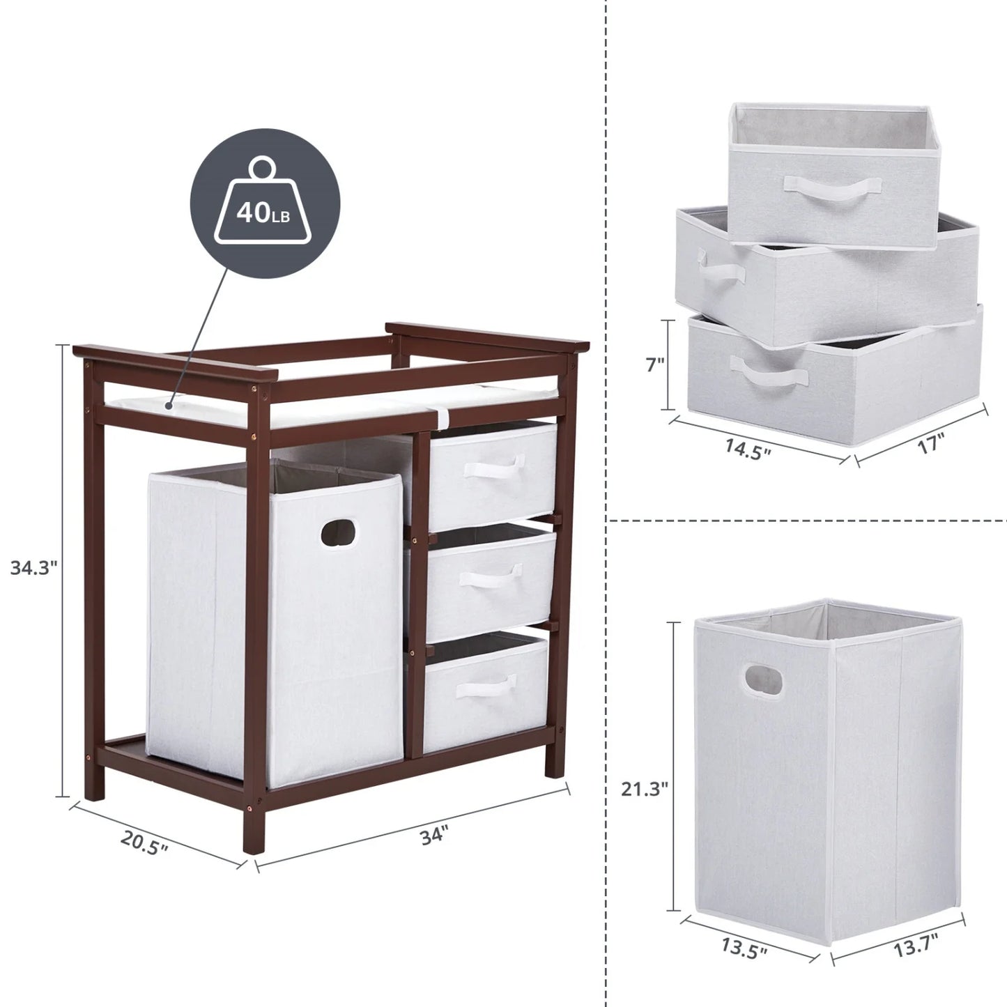 Wooden Diaper Changing Table Dresser With Laundry Hamper And Drawers