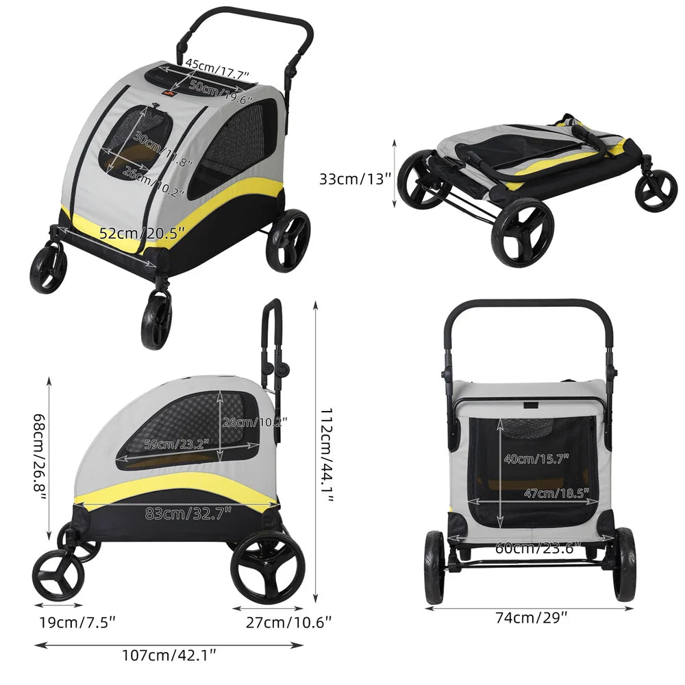 Premium 4 Wheel Foldable Dog Stroller Pram For All Sizes