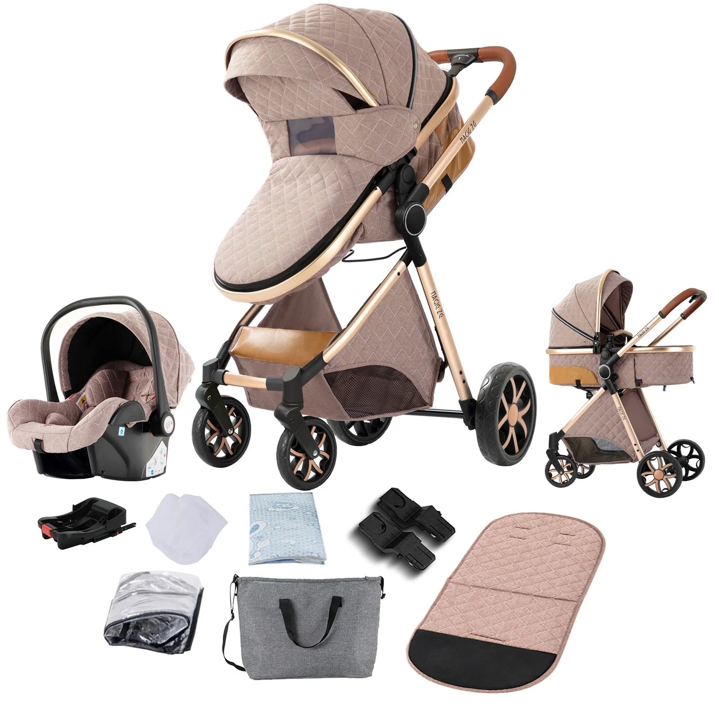 Baby Stroller 3 in 1 Travel System Pushchair Lightweight Pram All Terrain Baby Buggy Compact Fold Stroller