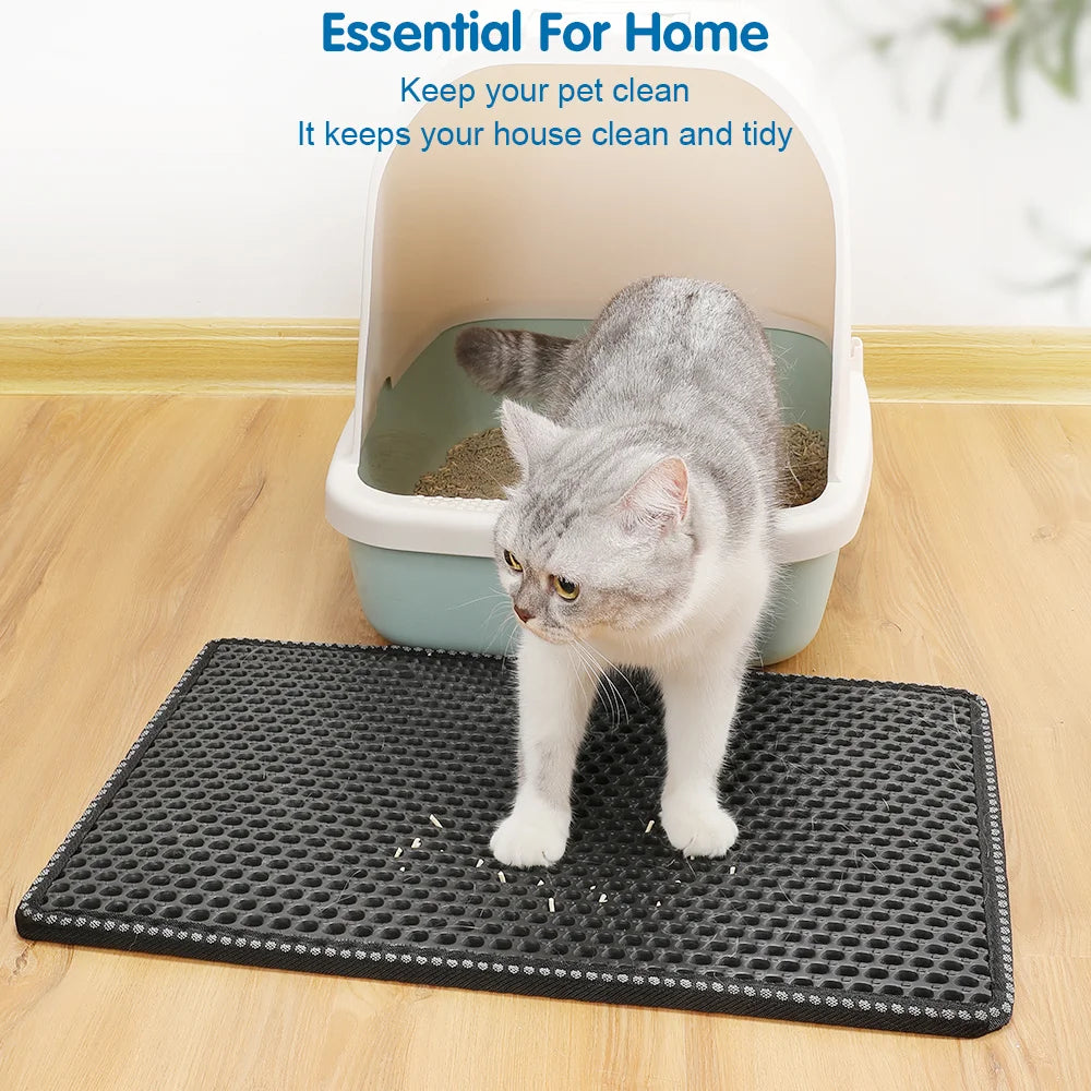 Cat Litter Mat Double Layer Waterproof Easy Clean Scatter Control Scratching Design 21 Inch x 14 Inch Black