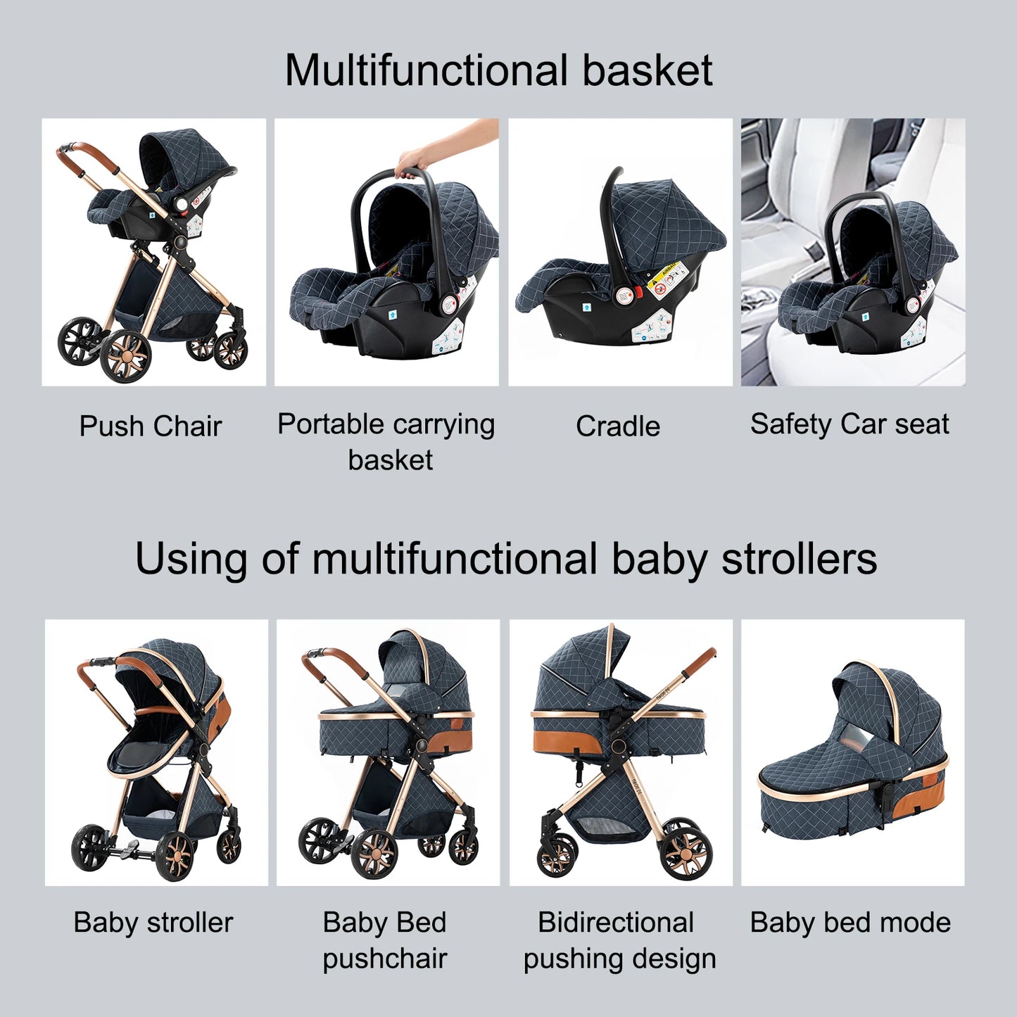 Baby Stroller 3 in 1 Travel System Pushchair Lightweight Pram All Terrain Baby Buggy Compact Fold Stroller