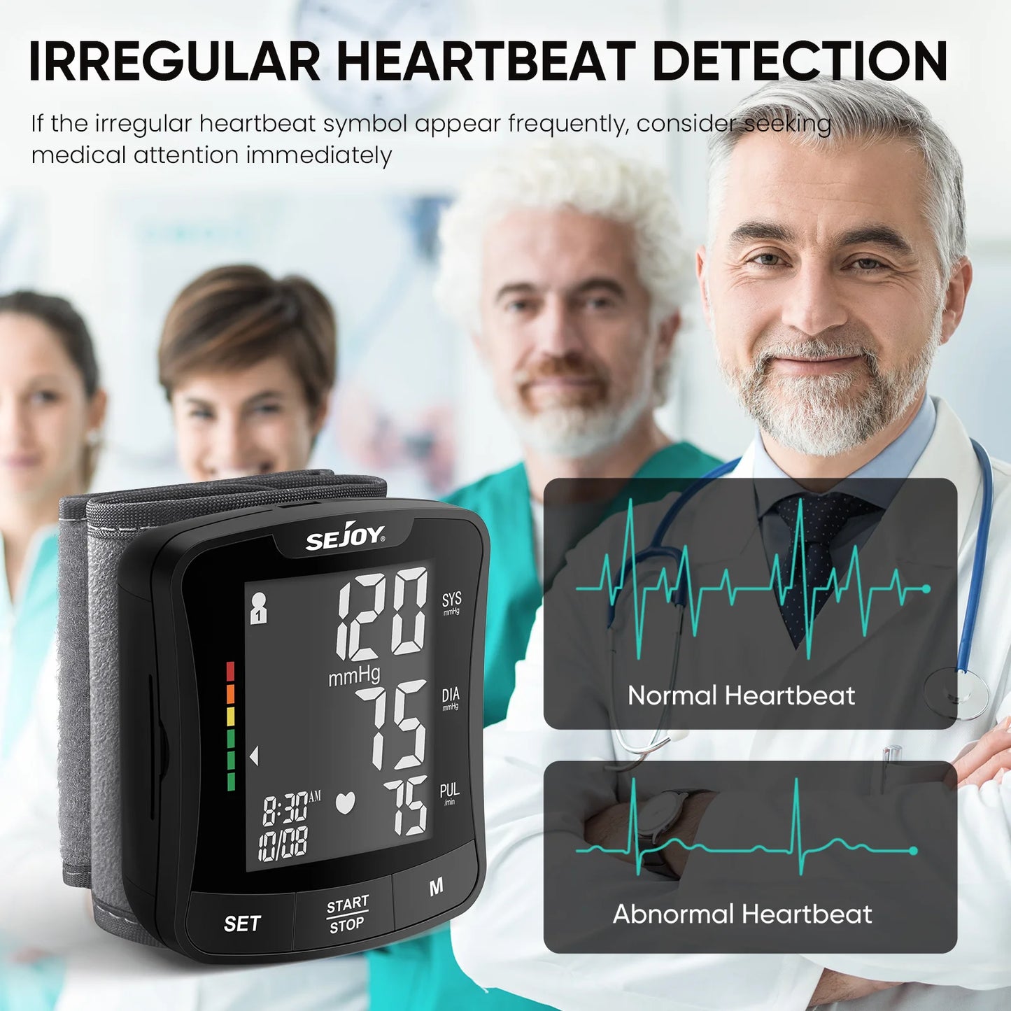 Sejoy Electronic Blood Pressure Monitor Wrist Cuff Tonometer Digital Sphygmomanometer BP Meter with Large LCD Display