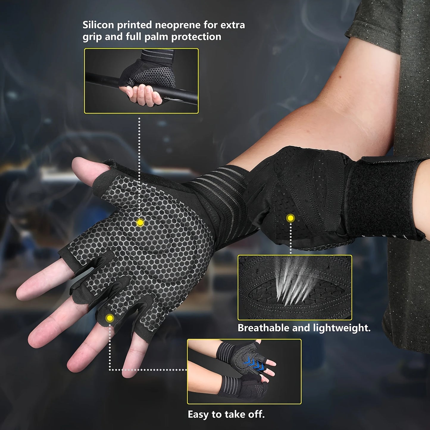 Fitness Weight Lifting Gloves with Wrist Support Adjustable Anti Slip Grip Durable Neoprene Breathable Design