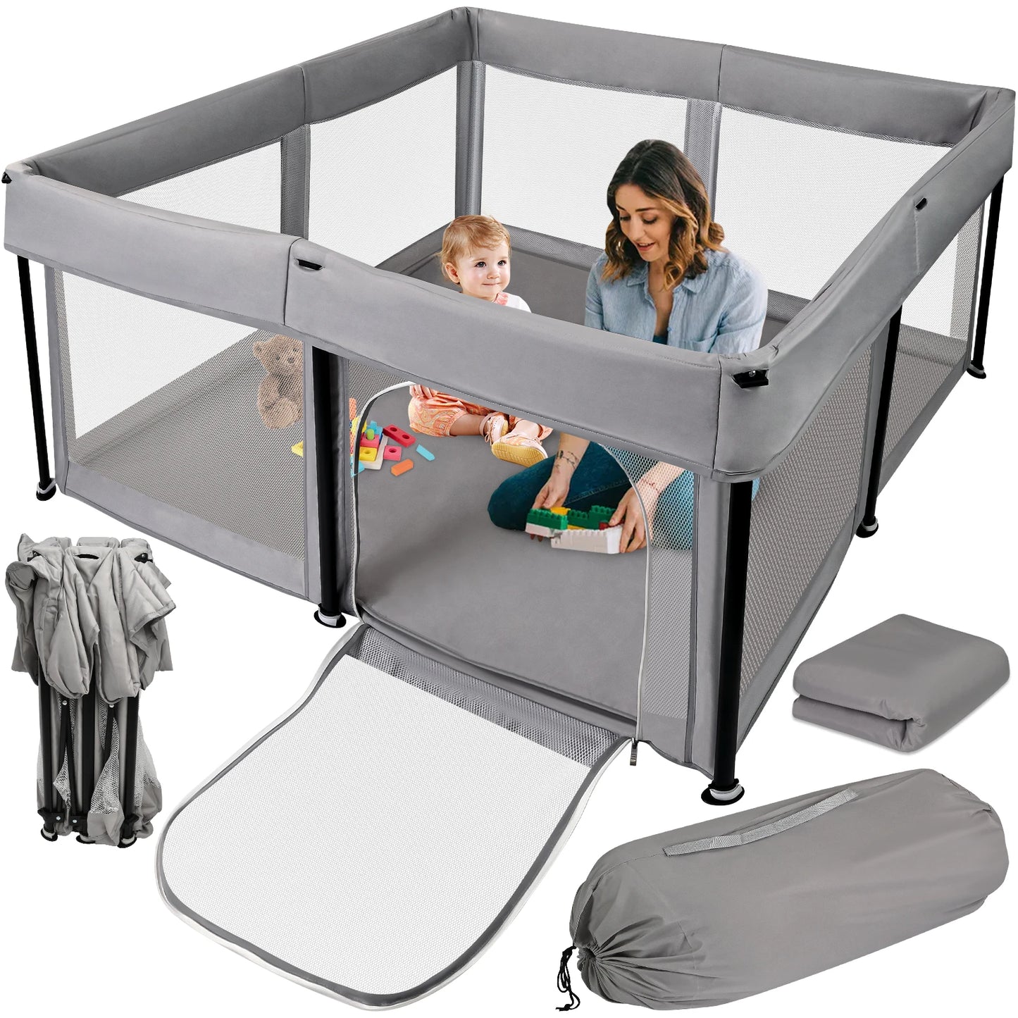 Foldable Baby Playpen with Mat 50 x 50 Inch Portable Sturdy Safe Baby Fence with Visible Breathable Mesh Zipper Door Storage