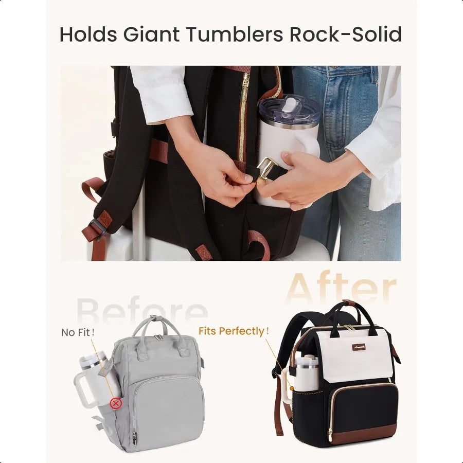 Laptop Backpack for Women, 15.6 Inch, Waterproof Tumbler Holder