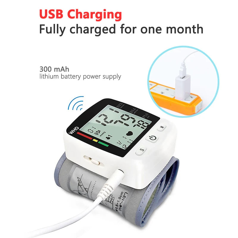 Digital Blood Pressure Monitor Wrist Tensiometer Electronic Sphygmomanometer Tonometer with LCD Display and 90 Memory Rechargeable Battery
