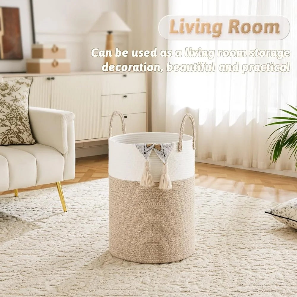 Woven Cotton Rope Laundry Basket Storage Hamper for Dirty Clothes Toys and Blankets Easy to Clean Collapsible Design for Bathroom and Baby Room