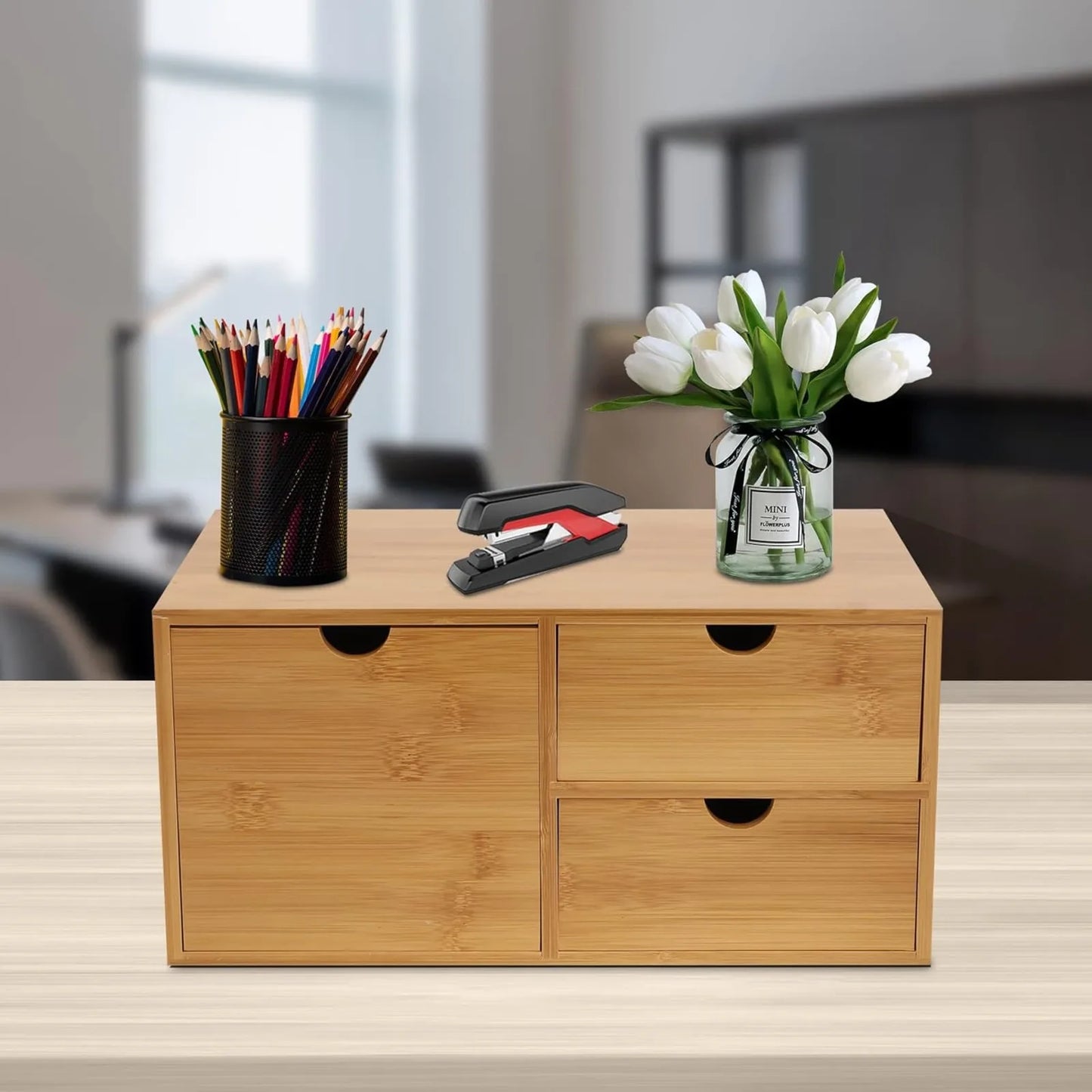 Sichuan Bamboo Desktop Organizer Drawer With Recess Handles For Office And Home Storage