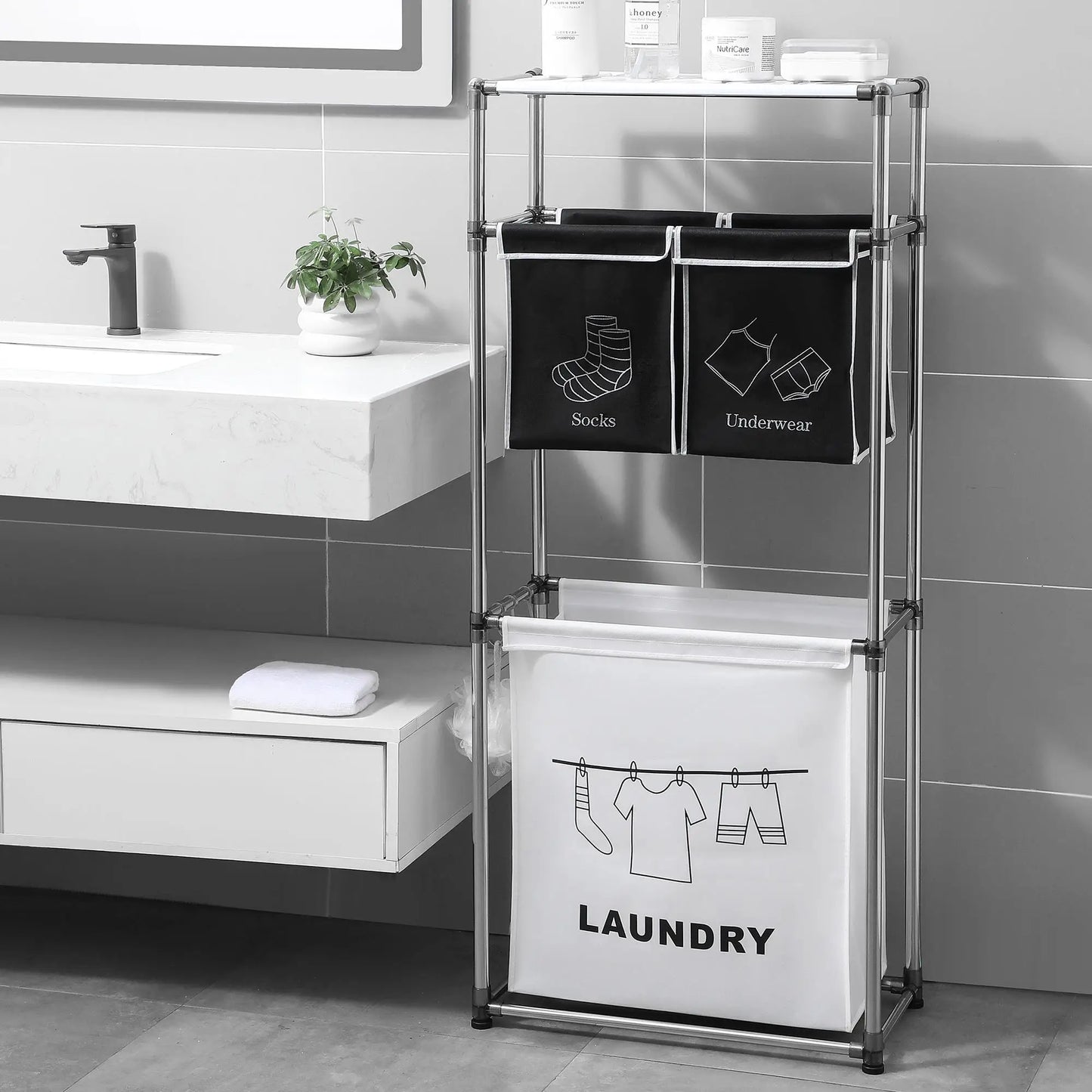 3 Tier Laundry Hamper Sorter with 4 Removable Bags for Clothes Organization Lights Darks and 3 Hooks Included