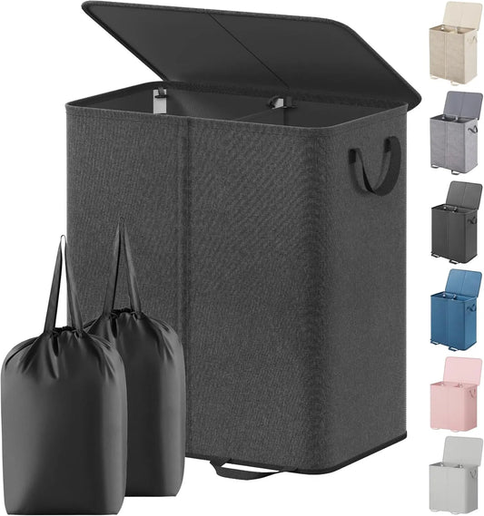 Large Collapsible Double Laundry Hamper with Lid and Handle