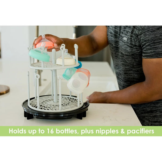 Two Tier Spin Stack Baby Bottle Drying Rack Countertop Space Saving Rotating Design Essential Organizer with Drip Tray