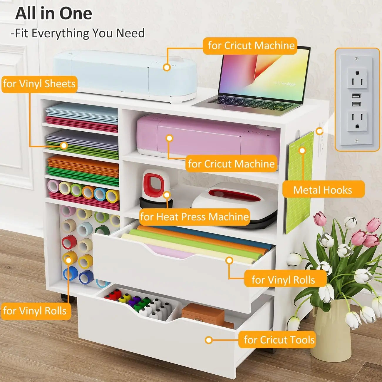 Cricut Compatible Rolling Craft Cart With Charge Station