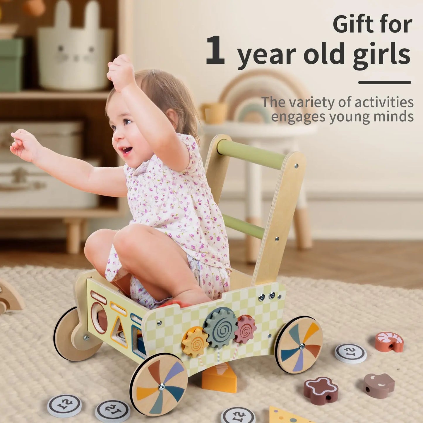 Wooden Baby Push Walker Shopping Cart And Activity Center