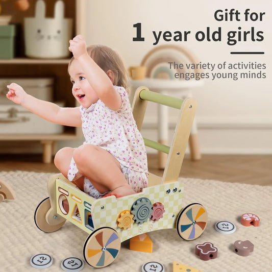 Wooden Baby Push Walker Shopping Cart And Activity Center