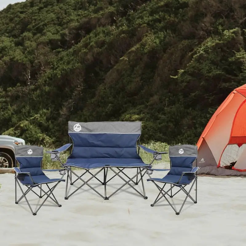 Chair Set of 3,Folding Padded Camp Chair,Collapsible Conversation Set w/1 Sofa,2 Single Chairs for Family Patio,Beach (Blue)