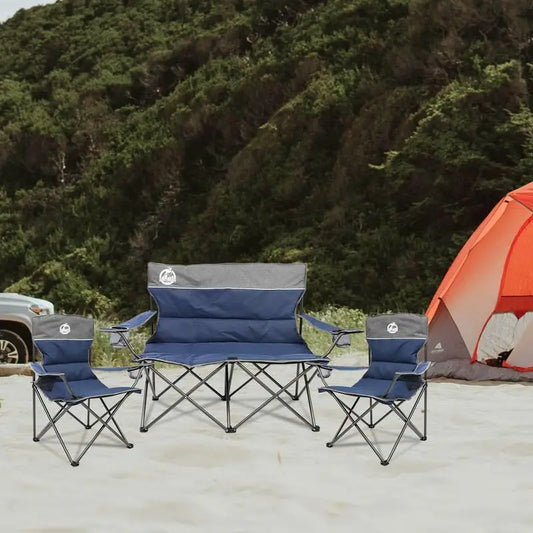 Chair Set of 3,Folding Padded Camp Chair,Collapsible Conversation Set w/1 Sofa,2 Single Chairs for Family Patio,Beach (Blue)