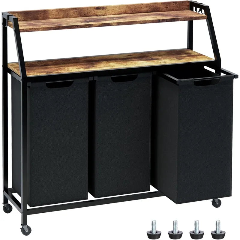 Three Section Rolling Laundry Hamper With Removable Bags