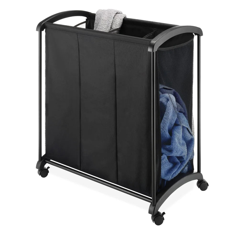 3 Section Laundry Sorter with Wheels Fabric Mesh Heavy Duty Laundry Hamper Rolling Storage Bin Toy Organizer for Adults and Teens
