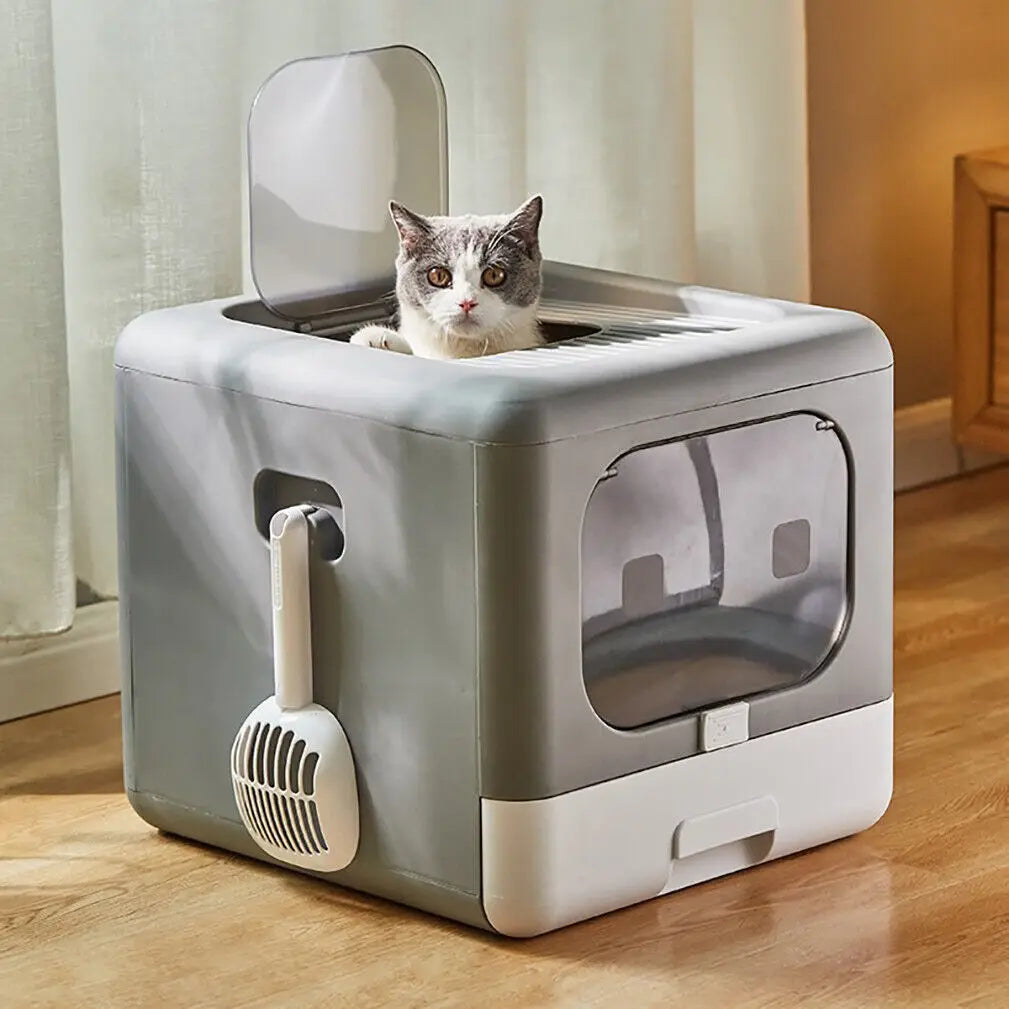 Cat Litter Box With Scoop And Tray Sifting Enclosed Foldable Kitten Toilet Detachable Poop Top Front Entry Pet Supplies