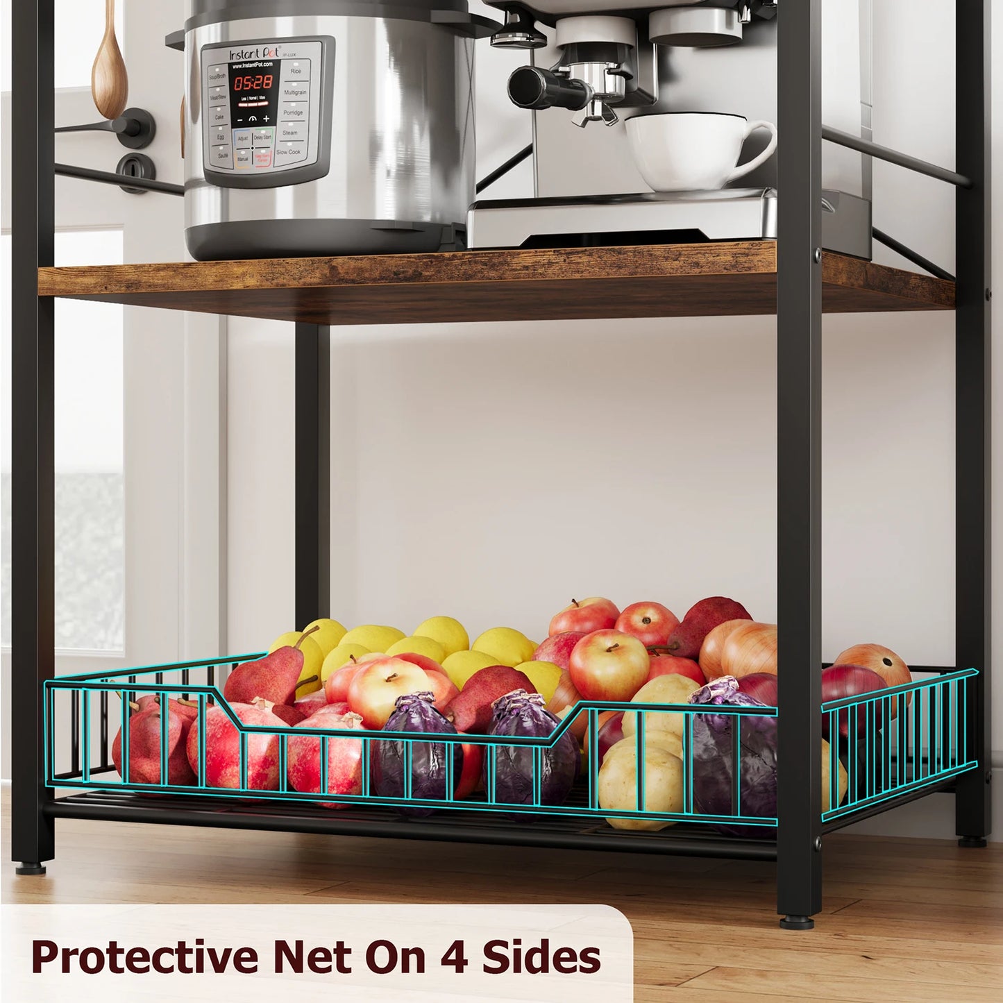 4-Tier Microwave Oven Rack With Wire Basket And 8 Hooks
