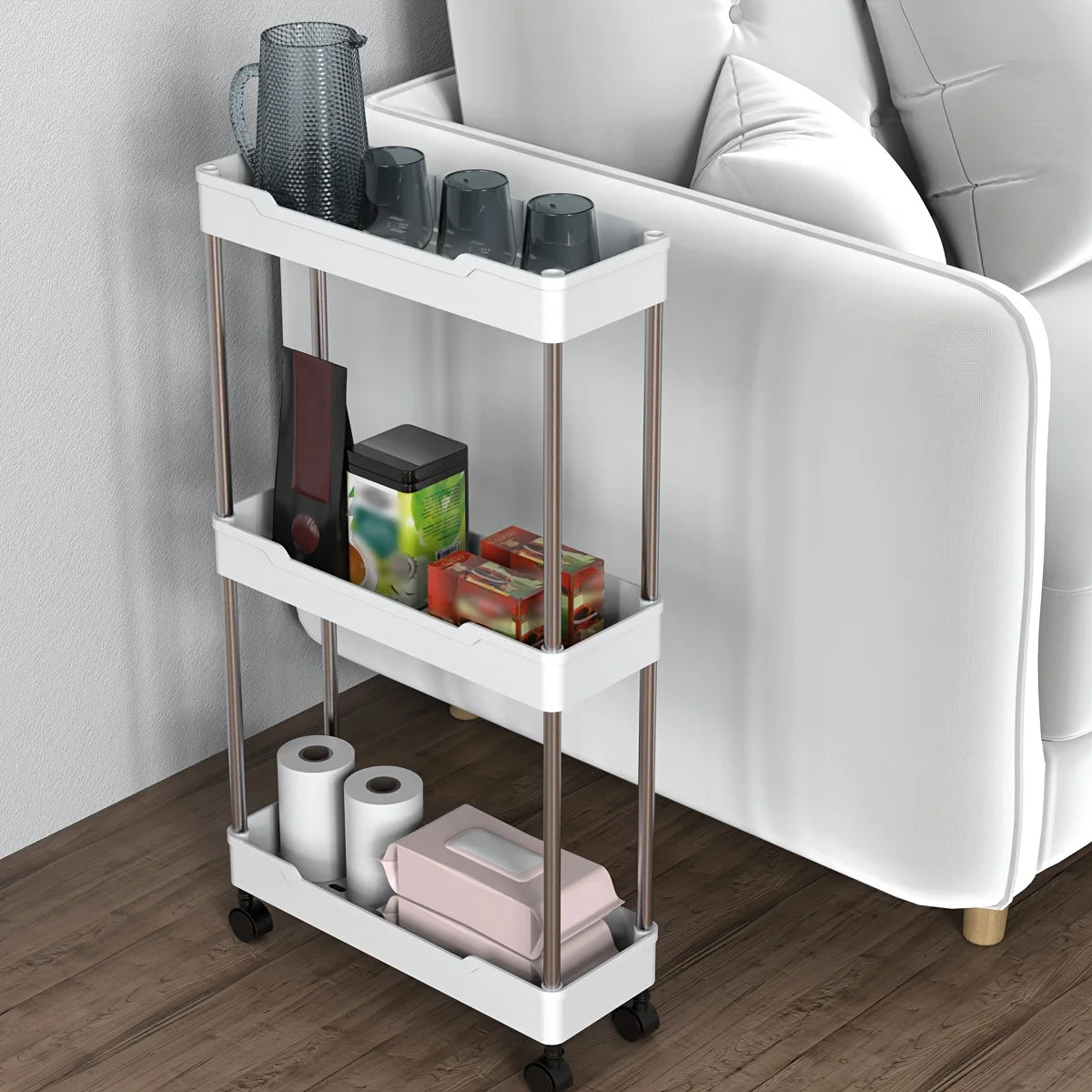 3/4 Tier Slim Rolling Storage Rack for Narrow Spaces
