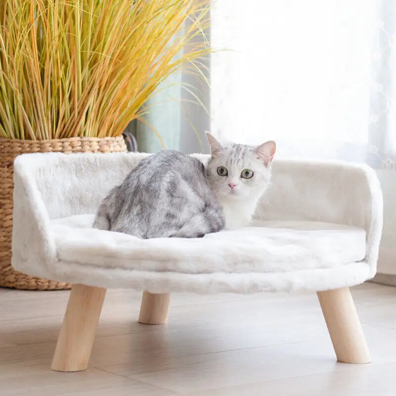 Luxury Soft Cat Bed Warm Plush Fabric Pet Nesting Chair Bed Washable Couch with Wood Legs and Cushion Pad for Small Pets