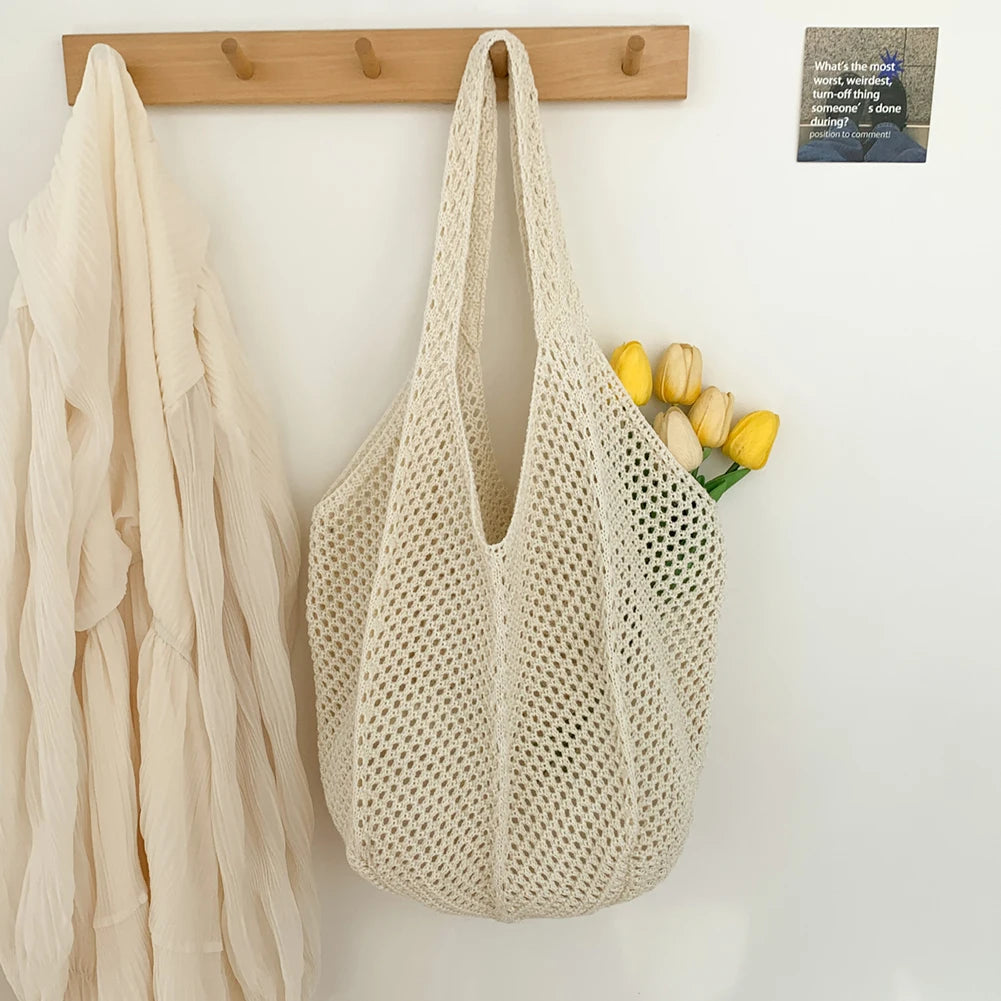 Women Crochet Tote Bag Fashion Knitted Large Capacity Hollow Bag