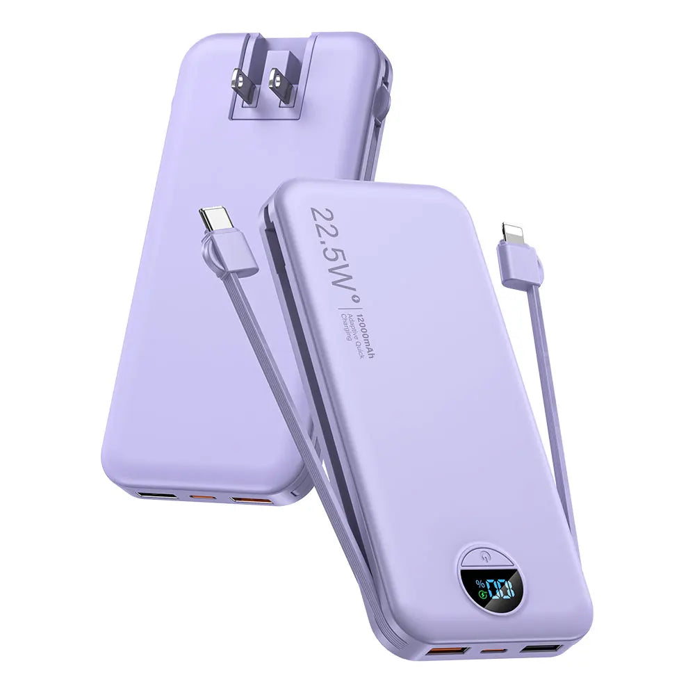 12000mAh Type C Fast Charging Power Bank with Built in Cables and Wall Plug Travel Essential Battery Pack for iPhone Samsung and More