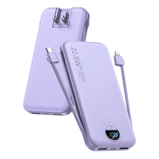 12000mAh Type C Fast Charging Power Bank with Built in Cables and Wall Plug Travel Essential Battery Pack for iPhone Samsung and More
