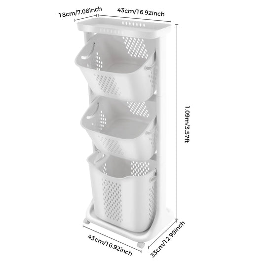 3 Tier Laundry Basket 360 Degree Rolling Wheels 25Kg Load