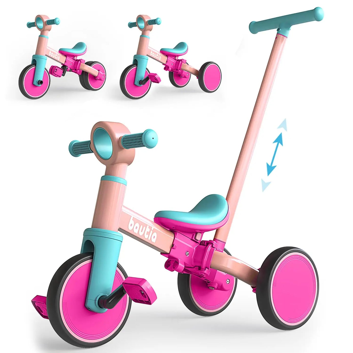 5 In 1 Kids Tricycle For Toddlers 1 To 3 Baby Balance Bike Toy With Push Handle And Removable Pedals