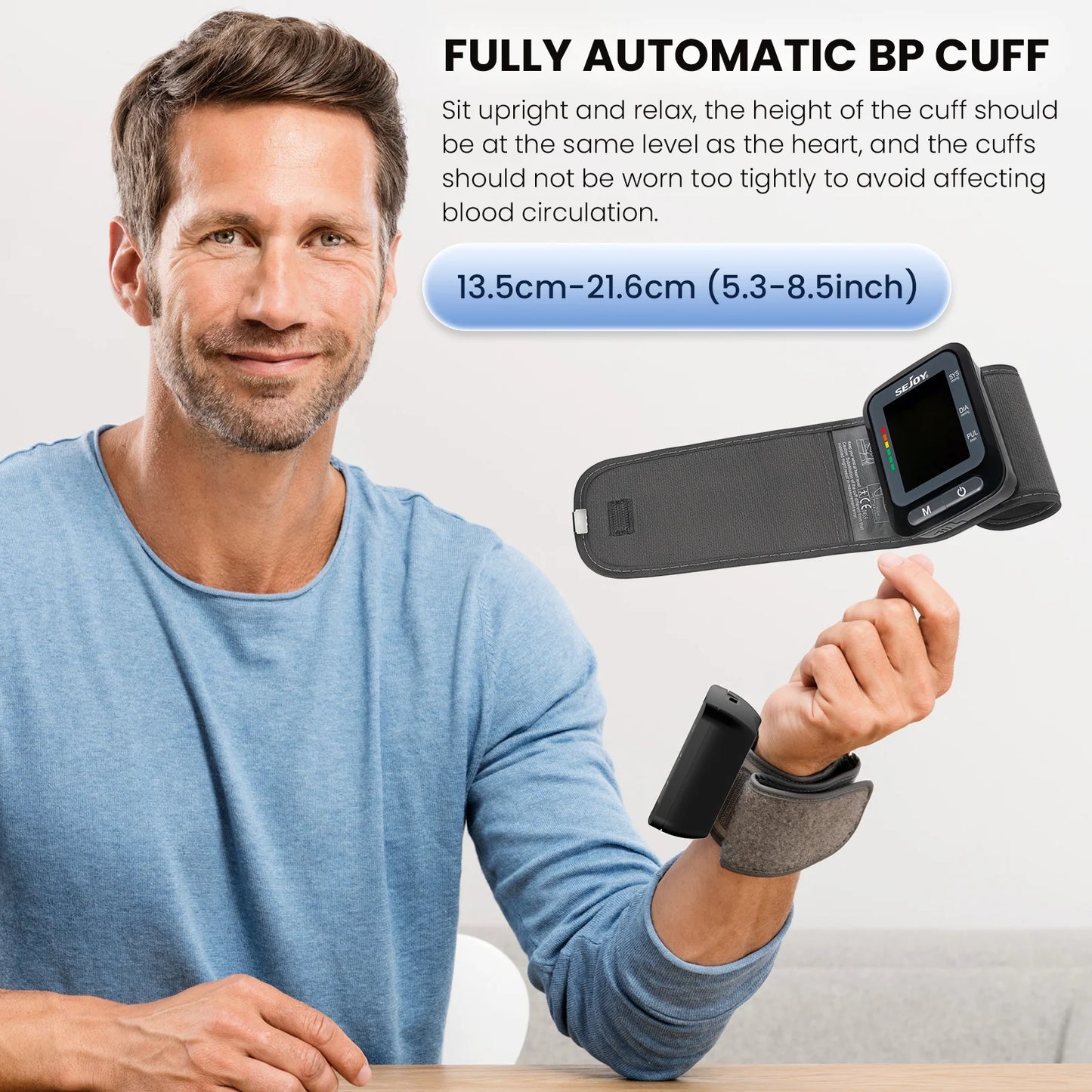 Sejoy Electronic Blood Pressure Monitor Wrist Cuff Tonometer Digital Sphygmomanometer BP Meter with Large LCD Display