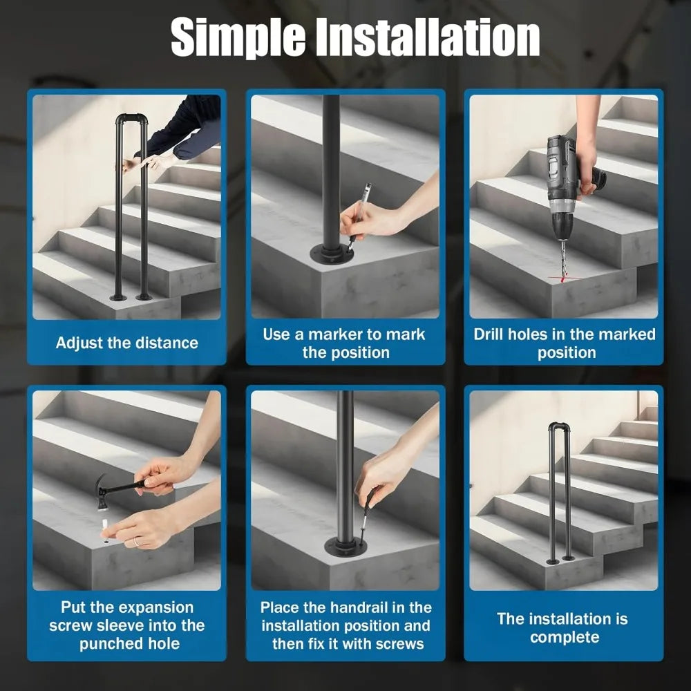 Stair Handrail Matte Black U Shaped Industrial Wrought Iron Railing Non Slip Safety Indoor Outdoor Children's Support Poles