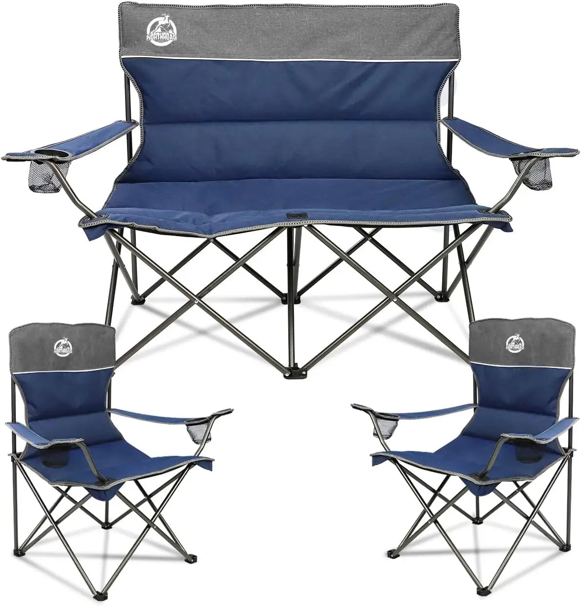 Chair Set of 3,Folding Padded Camp Chair,Collapsible Conversation Set w/1 Sofa,2 Single Chairs for Family Patio,Beach (Blue)