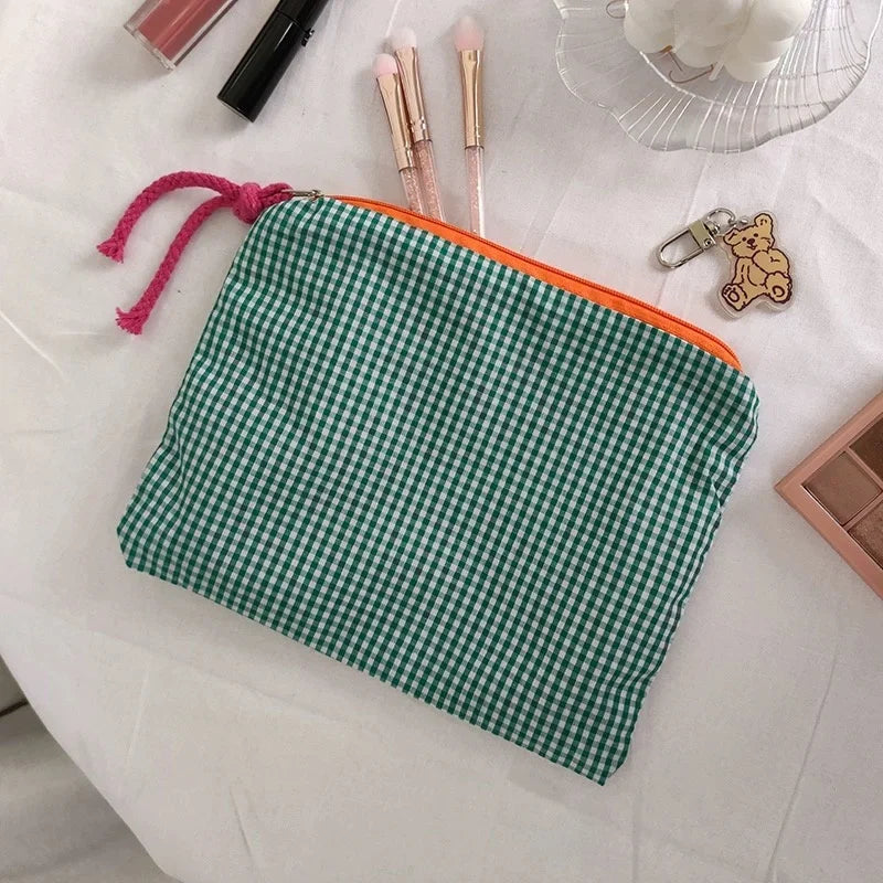 Plaid Makeup Bag Women Cotton Linen Cosmetic Zipper Pouch