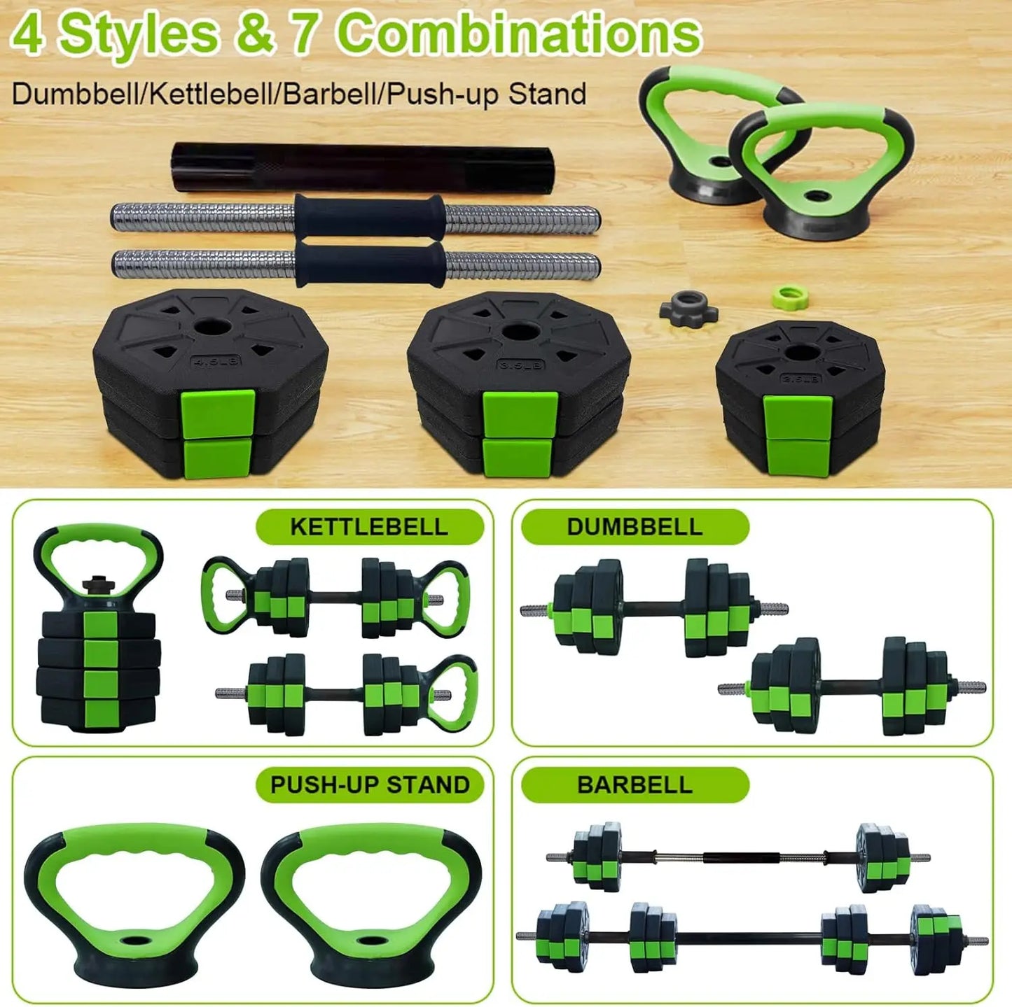 4 In 1 Adjustable Dumbbell Set 44lbs Weight Set with Iron Handle for Kettlebell Barbell and Push Up Stand for Home Gym Octagon