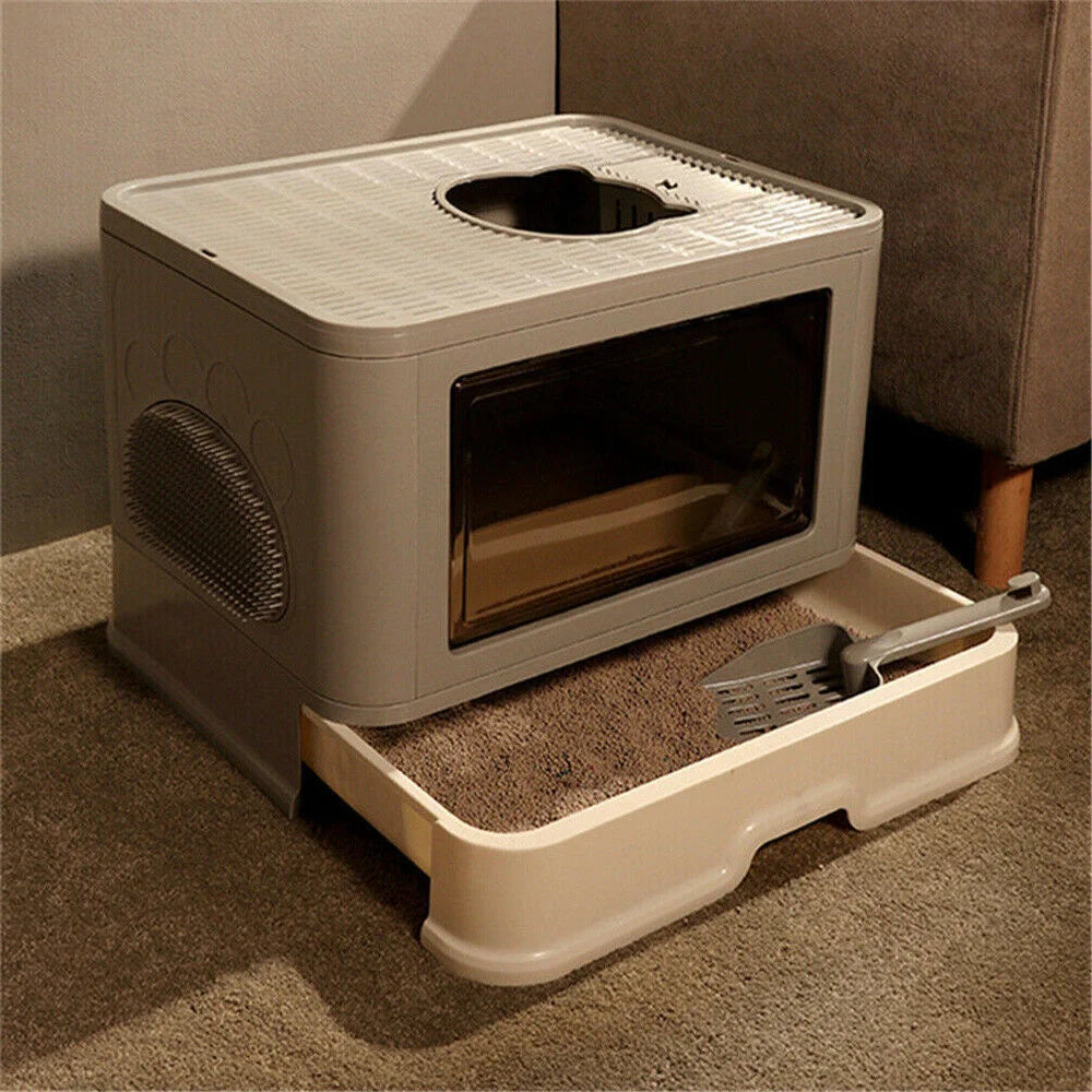 Large Hooded Cat Litter Box Tray Drawer Type Pet Kitty Toilet Top Entry Anti Splashing Enclosed Potty with Hair Grooming Scoop