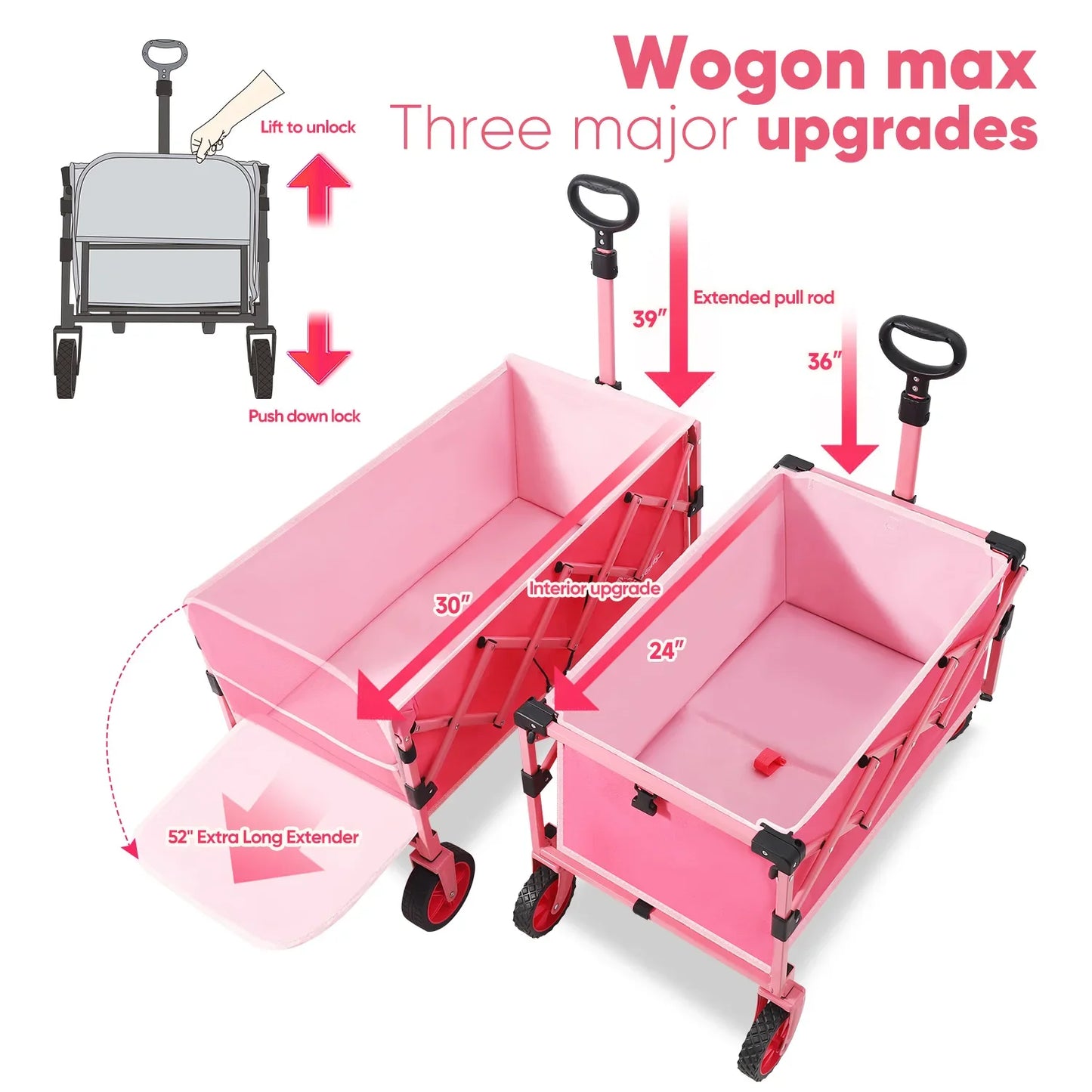 52 Inch Extender Folding Collapsible Wagon Cart Foldable Heavy Duty Lightweight Extra Long Utility Cart 330 Pounds Weight Capacity