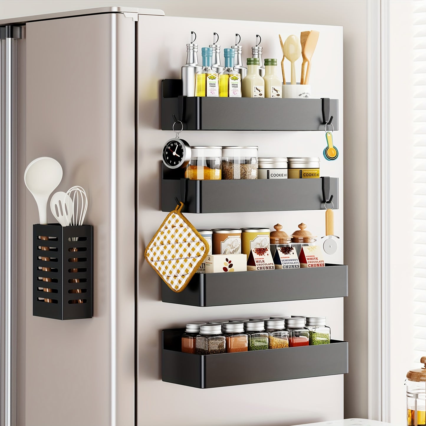Magnetic Refrigerator Spice Organizer Set With Towel Holder And Hooks